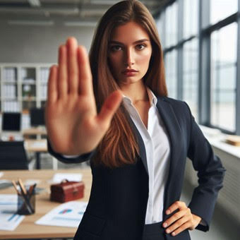 Frau zeigt mit Hand Stop Zeichen